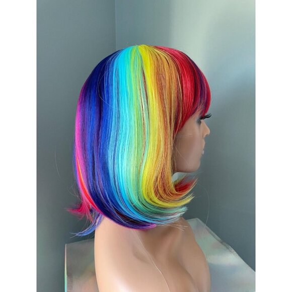 Rainbow Wig Short Wig Bright Colourful Clown Wig with Bangs 10 inch Bob Wig - Picture 4 of 9